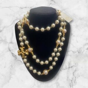 NIP Tory Burch Roxanne Long Necklace Gold Tone / Pearls